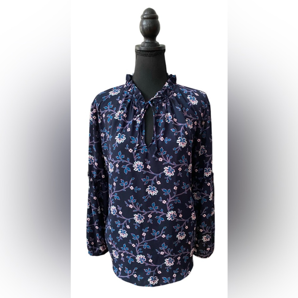 LOFT: Blue Floral Rayon Mix Top with Ruffle Collar